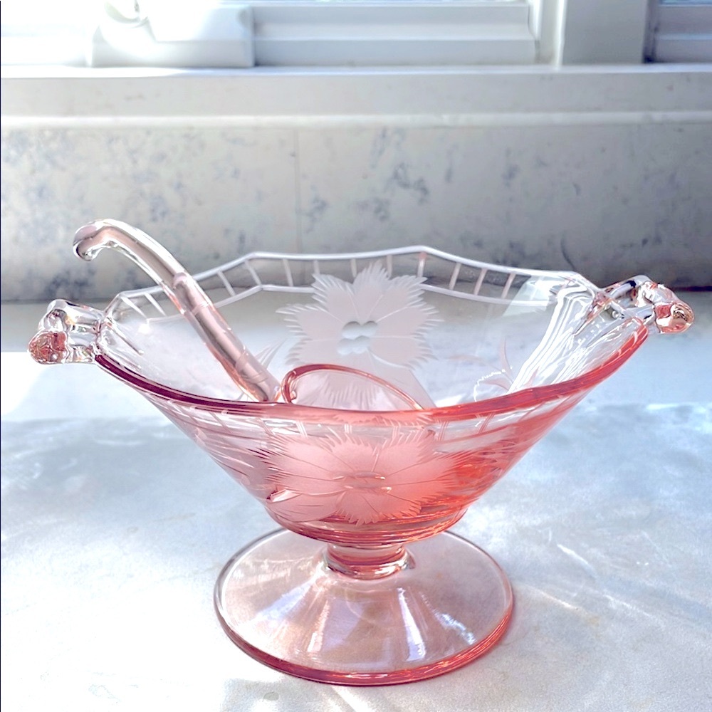 Octagon Flamingo Pink Depression Glass Mayonnaise 2pcs Set Compote & Spoon Great